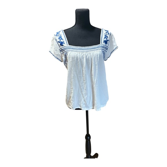 Ellison Tops - Ellison White and Blue Embroidered Blouse